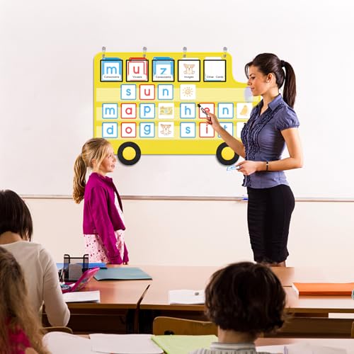 Pocket Chart for Classroom, 33 ⅞ " x 22" Large School Bus Shaped Pocket Charts for Kids, Back to School Supplies, Classroom Decor Hanging Pocket Charts with 8 Sentence Strips Holder (Yellow)