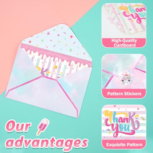 WERNNSAI Ice Cream Thank You Cards - 24 PCS Thank You Cards with Envelopes Stickers for Girls Kids Ice Cream Party Supplies Appreciation Thank You Notes for Summer Birthday Party Graduation