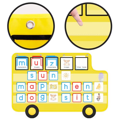Pocket Chart for Classroom, 33 ⅞ " x 22" Large School Bus Shaped Pocket Charts for Kids, Back to School Supplies, Classroom Decor Hanging Pocket Charts with 8 Sentence Strips Holder (Yellow)