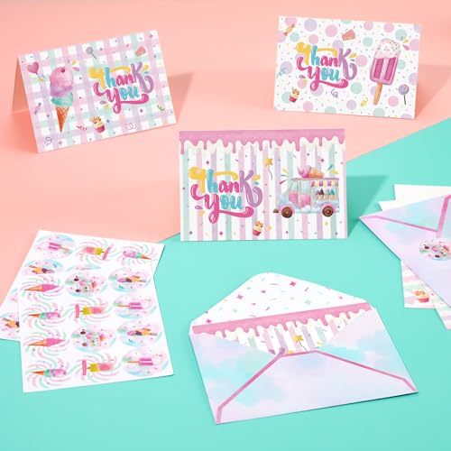 WERNNSAI Ice Cream Thank You Cards - 24 PCS Thank You Cards with Envelopes Stickers for Girls Kids Ice Cream Party Supplies Appreciation Thank You Notes for Summer Birthday Party Graduation