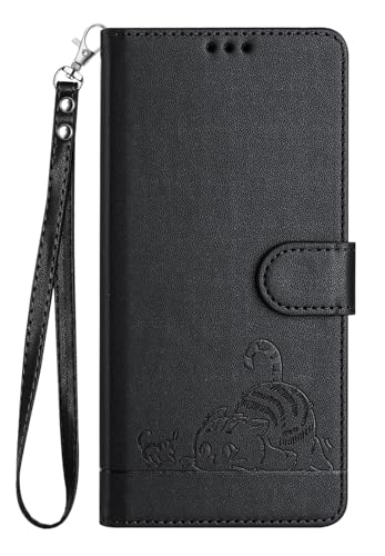Compatible with Samsung Galaxy Z Flip 4 Case, Emboss Cat PU Leather Wallet Phone Case RFID Protection 3 Credit Card Slot Kickstand Wrist Strap Black
