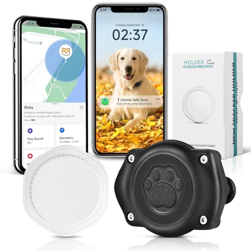 GPS Tracker for Dogs, Mini GPS Cat Tracker, IP68 Waterproof GPS Tracker for Cats with Holder No Monthly Fee, Work with Apple Find My(iOS Only), Real-Time Location Pet Tracking Smart Activity Tracker