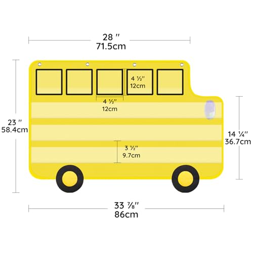 Pocket Chart for Classroom, 33 ⅞ " x 22" Large School Bus Shaped Pocket Charts for Kids, Back to School Supplies, Classroom Decor Hanging Pocket Charts with 8 Sentence Strips Holder (Yellow)