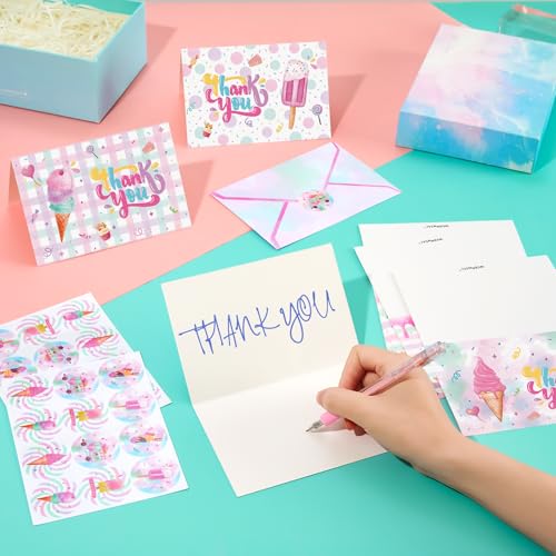 WERNNSAI Ice Cream Thank You Cards - 24 PCS Thank You Cards with Envelopes Stickers for Girls Kids Ice Cream Party Supplies Appreciation Thank You Notes for Summer Birthday Party Graduation