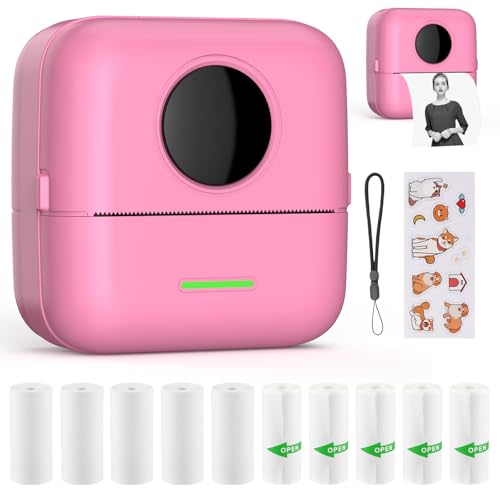 HuiJuKeJi Mini Sticker Printer Bluetooth Smart Pocket Inkless Thermal Printer with 11 Rolls Thermal Paper and Sticker for iOS&Android, Portable Receipt Printer for Photo Note Memo (Rose)
