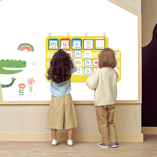 Pocket Chart for Classroom, 33 ⅞ " x 22" Large School Bus Shaped Pocket Charts for Kids, Back to School Supplies, Classroom Decor Hanging Pocket Charts with 8 Sentence Strips Holder (Yellow)