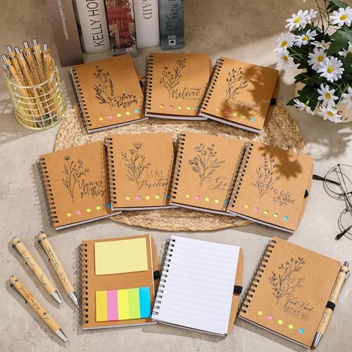 Watersay 20 Pcs Employsee Appreciation Gifts Inspirational Spiral Notebooks Motivational Bamboo Ballpoint Pens Set Thank You Gifts for Coworker Teacher Student Team Classroom Reward School Supplies