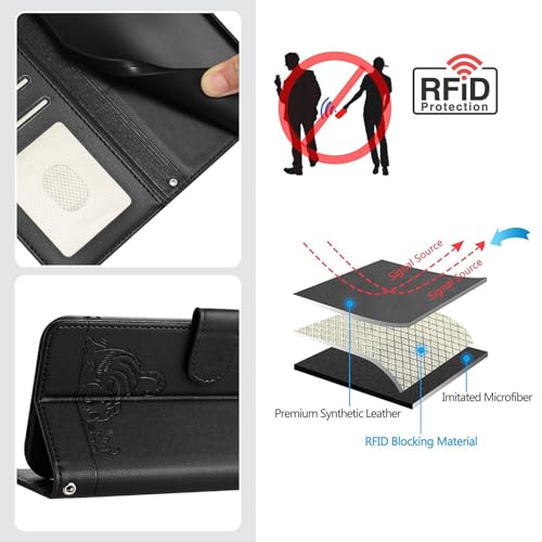 Compatible with Samsung Galaxy Z Flip 4 Case, Emboss Cat PU Leather Wallet Phone Case RFID Protection 3 Credit Card Slot Kickstand Wrist Strap Black