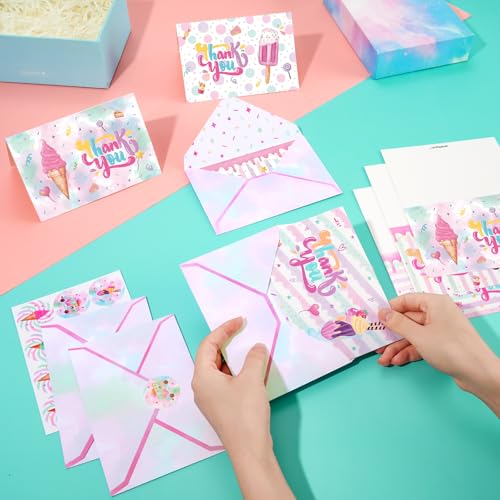 WERNNSAI Ice Cream Thank You Cards - 24 PCS Thank You Cards with Envelopes Stickers for Girls Kids Ice Cream Party Supplies Appreciation Thank You Notes for Summer Birthday Party Graduation