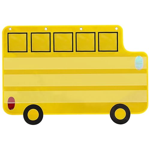 Pocket Chart for Classroom, 33 ⅞ " x 22" Large School Bus Shaped Pocket Charts for Kids, Back to School Supplies, Classroom Decor Hanging Pocket Charts with 8 Sentence Strips Holder (Yellow)
