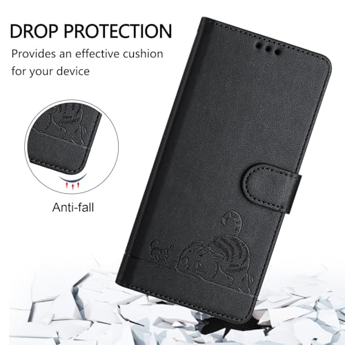 Compatible with Samsung Galaxy Z Flip 4 Case, Emboss Cat PU Leather Wallet Phone Case RFID Protection 3 Credit Card Slot Kickstand Wrist Strap Black