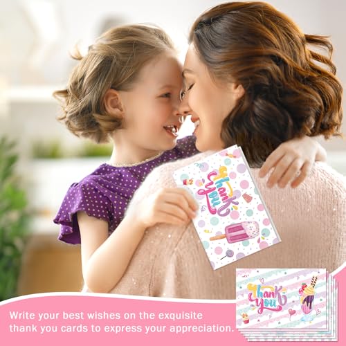 WERNNSAI Ice Cream Thank You Cards - 24 PCS Thank You Cards with Envelopes Stickers for Girls Kids Ice Cream Party Supplies Appreciation Thank You Notes for Summer Birthday Party Graduation