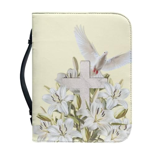 Biyejit Bible Cover for Women Men Church Tote Bag with Handle and Zip Around Study Bible Case Lightweight Bible Accessories Bible Protector Scripture Bag, Lily Flower Pigeon Cross