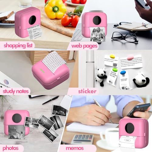 HuiJuKeJi Mini Sticker Printer Bluetooth Smart Pocket Inkless Thermal Printer with 11 Rolls Thermal Paper and Sticker for iOS&Android, Portable Receipt Printer for Photo Note Memo (Rose)