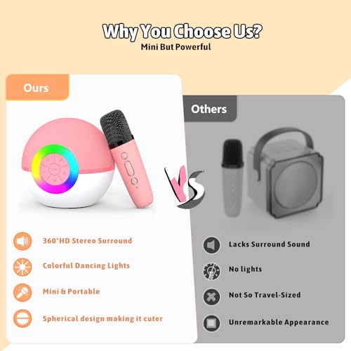 Heroange Karaoke Microphone Machine Toys for Kids Adults, Mini Portable Bluetooth Speaker with Wireless Mic, Christmas Birthday Gifts for Boys Girls Ages 3 4 5 6 7 8 9 10 11 12+ Year Old Pink