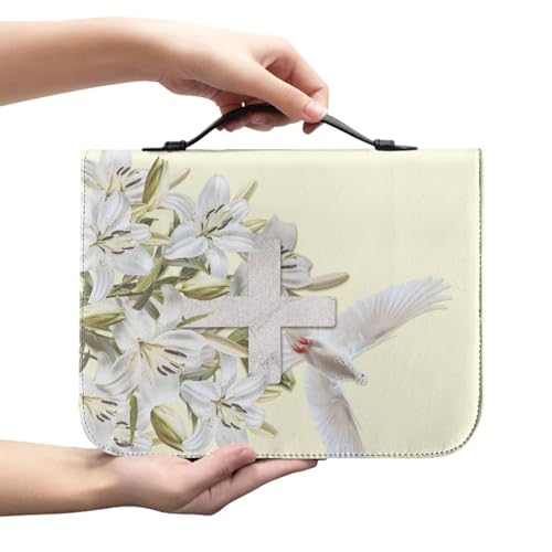 Biyejit Bible Cover for Women Men Church Tote Bag with Handle and Zip Around Study Bible Case Lightweight Bible Accessories Bible Protector Scripture Bag, Lily Flower Pigeon Cross