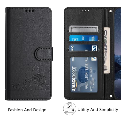 Compatible with Samsung Galaxy Z Flip 4 Case, Emboss Cat PU Leather Wallet Phone Case RFID Protection 3 Credit Card Slot Kickstand Wrist Strap Black