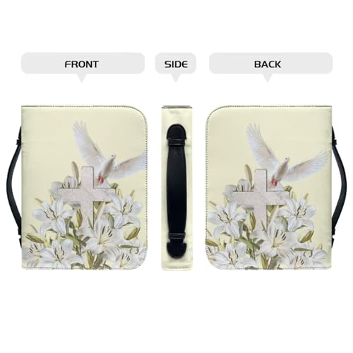 Biyejit Bible Cover for Women Men Church Tote Bag with Handle and Zip Around Study Bible Case Lightweight Bible Accessories Bible Protector Scripture Bag, Lily Flower Pigeon Cross