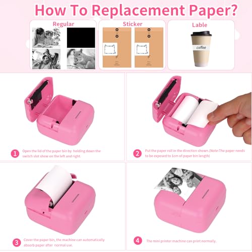 HuiJuKeJi Mini Sticker Printer Bluetooth Smart Pocket Inkless Thermal Printer with 11 Rolls Thermal Paper and Sticker for iOS&Android, Portable Receipt Printer for Photo Note Memo (Rose)