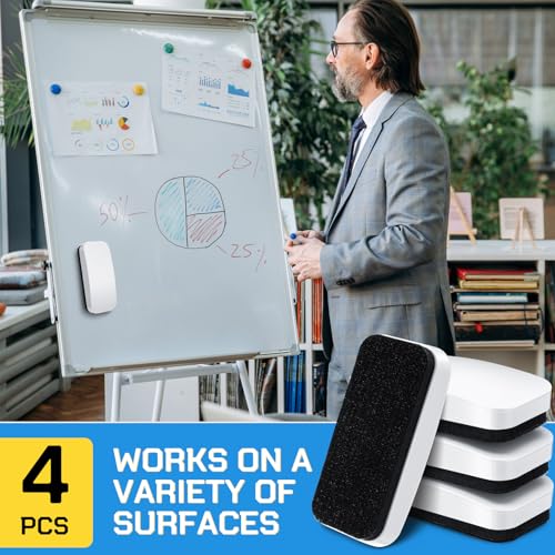 Qeeenar 4 Pack Magnetic Dry Erasers 2.4 x 5.1 x 1.2 Inches Whiteboard Erasers Magnetic Dry Eraser Ideal for Board Calendar Board School Office Classroom Supplies, White Color