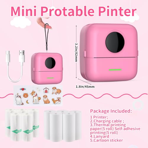 HuiJuKeJi Mini Sticker Printer Bluetooth Smart Pocket Inkless Thermal Printer with 11 Rolls Thermal Paper and Sticker for iOS&Android, Portable Receipt Printer for Photo Note Memo (Rose)