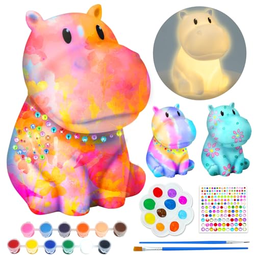 AluAbi Paint Your Own Hippo Lamp-Painting Crafts Kits for Kids Ages 4-8, DIY Art Night Light for Kids, Art Supplies Arts & Crafts Kit for Childrens Birthday Gift for Teens Girls and Boys Ages 8-12