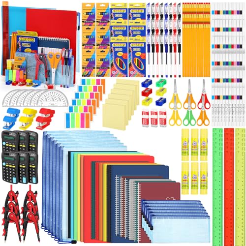 SATINIOR 6 Sets 342 Pcs Bulk Back to School Supplies Kit Middle High School Supply Set Back to School Essentials Bundle Folders Notebooks Pencil Pen Calculator Stapler Scissors Sharpeners for Students