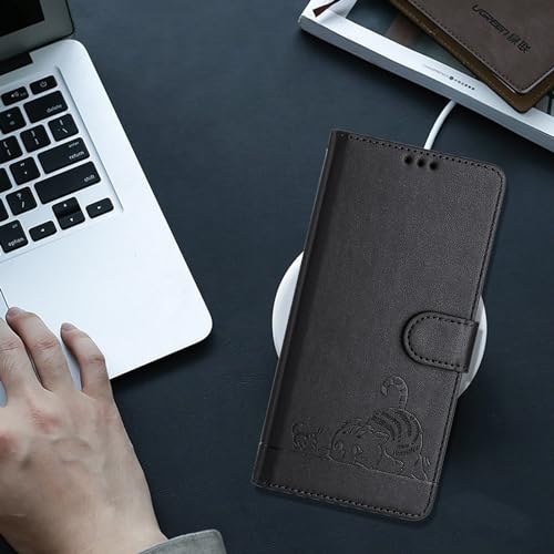 Compatible with Samsung Galaxy Z Flip 4 Case, Emboss Cat PU Leather Wallet Phone Case RFID Protection 3 Credit Card Slot Kickstand Wrist Strap Black