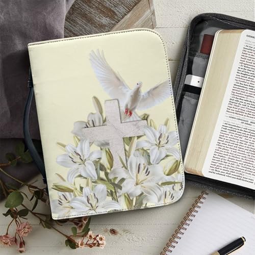 Biyejit Bible Cover for Women Men Church Tote Bag with Handle and Zip Around Study Bible Case Lightweight Bible Accessories Bible Protector Scripture Bag, Lily Flower Pigeon Cross