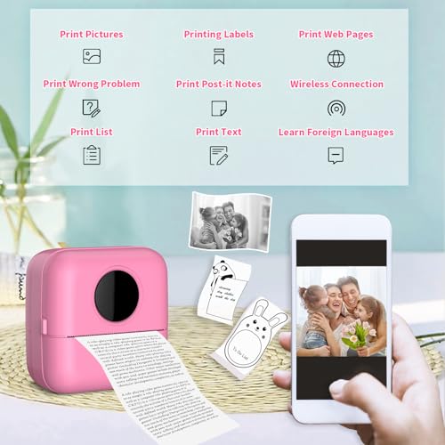 HuiJuKeJi Mini Sticker Printer Bluetooth Smart Pocket Inkless Thermal Printer with 11 Rolls Thermal Paper and Sticker for iOS&Android, Portable Receipt Printer for Photo Note Memo (Rose)
