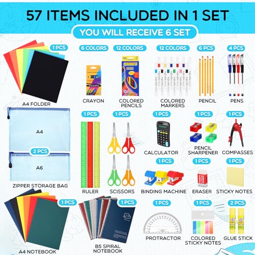 SATINIOR 6 Sets 342 Pcs Bulk Back to School Supplies Kit Middle High School Supply Set Back to School Essentials Bundle Folders Notebooks Pencil Pen Calculator Stapler Scissors Sharpeners for Students