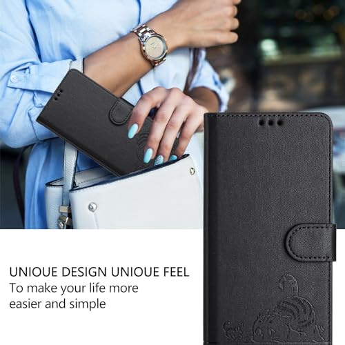 Compatible with Samsung Galaxy Z Flip 4 Case, Emboss Cat PU Leather Wallet Phone Case RFID Protection 3 Credit Card Slot Kickstand Wrist Strap Black