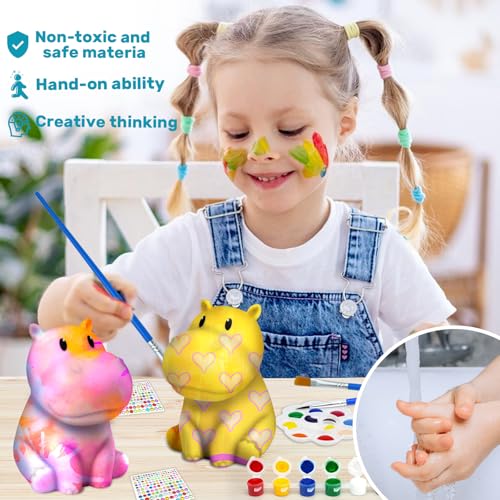 AluAbi Paint Your Own Hippo Lamp-Painting Crafts Kits for Kids Ages 4-8, DIY Art Night Light for Kids, Art Supplies Arts & Crafts Kit for Childrens Birthday Gift for Teens Girls and Boys Ages 8-12