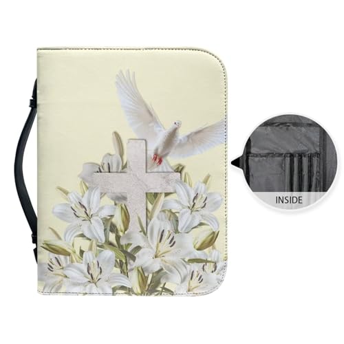 Biyejit Bible Cover for Women Men Church Tote Bag with Handle and Zip Around Study Bible Case Lightweight Bible Accessories Bible Protector Scripture Bag, Lily Flower Pigeon Cross