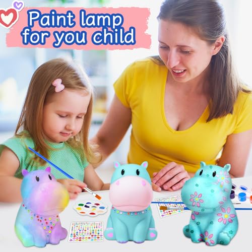 AluAbi Paint Your Own Hippo Lamp-Painting Crafts Kits for Kids Ages 4-8, DIY Art Night Light for Kids, Art Supplies Arts & Crafts Kit for Childrens Birthday Gift for Teens Girls and Boys Ages 8-12