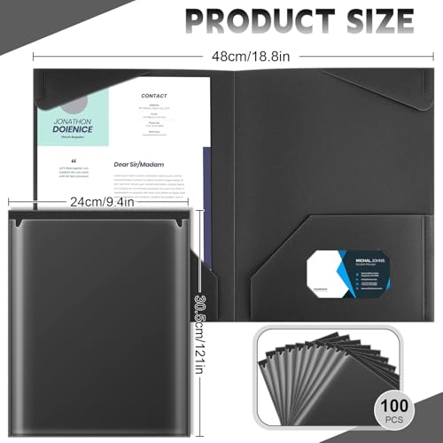 Henoyso 100 Pcs Plastic Folders with Clear Front Pockets Heavy Duty File Folders with 2 Pockets and Card Slot for Student Parent Teacher Communication School Office (Black)