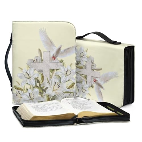 Biyejit Bible Cover for Women Men Church Tote Bag with Handle and Zip Around Study Bible Case Lightweight Bible Accessories Bible Protector Scripture Bag, Lily Flower Pigeon Cross