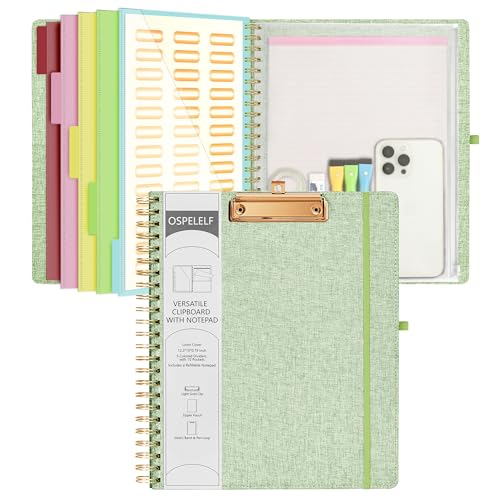 Ospelelf Green Foldable Spiral Clipboard Folio with Storage Zipper Pouch, 5 Plastic Folders with 10 Pockets, Refillable Lined Notepad (11" x 8.5"), Linen Hardcover Project Organizer