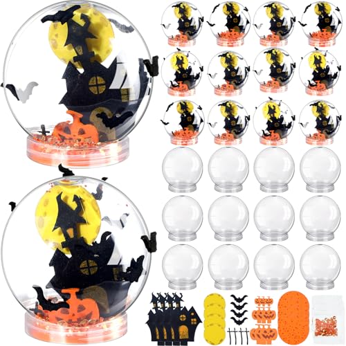 Blueweenly 24 Set Halloween Glitter Snow Globe Craft Kit for Kids Bulk Halloween Party Glitter Snow Globe Craft Kit with Ghost Bat Castle Pumpkin Foam Glitter Plastic Globes for Candy Giveaways