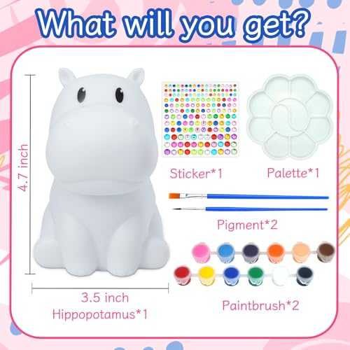 AluAbi Paint Your Own Hippo Lamp-Painting Crafts Kits for Kids Ages 4-8, DIY Art Night Light for Kids, Art Supplies Arts & Crafts Kit for Childrens Birthday Gift for Teens Girls and Boys Ages 8-12