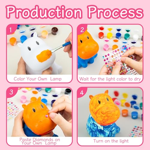 AluAbi Paint Your Own Hippo Lamp-Painting Crafts Kits for Kids Ages 4-8, DIY Art Night Light for Kids, Art Supplies Arts & Crafts Kit for Childrens Birthday Gift for Teens Girls and Boys Ages 8-12