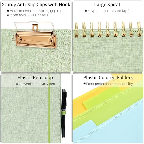 Ospelelf Green Foldable Spiral Clipboard Folio with Storage Zipper Pouch, 5 Plastic Folders with 10 Pockets, Refillable Lined Notepad (11" x 8.5"), Linen Hardcover Project Organizer