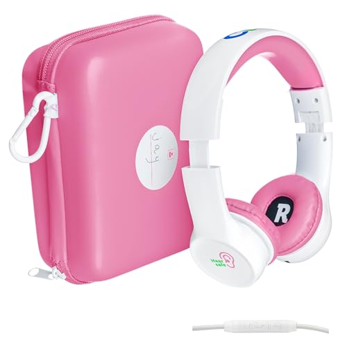 Clevy Kids Headphones Over-Ear 3.5mm Jack Wired Headphones for School - 5ft Tangle-Free Cord with HD Mic, 85dB Volume Limited for iPad/Computer, Foldable Girls/Boys Durable Carrying Case (Pink)