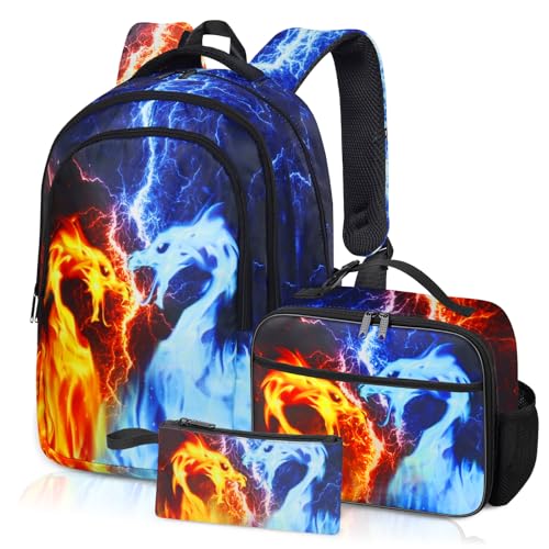 Labfen Dragon Backpack Set for Boys, Kids Dragon School Backpack with Lunch Box Pencil Bag, Dragon Backpack with for Students Red and Blue