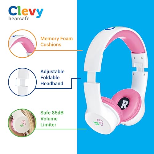 Clevy Kids Headphones Over-Ear 3.5mm Jack Wired Headphones for School - 5ft Tangle-Free Cord with HD Mic, 85dB Volume Limited for iPad/Computer, Foldable Girls/Boys Durable Carrying Case (Pink)