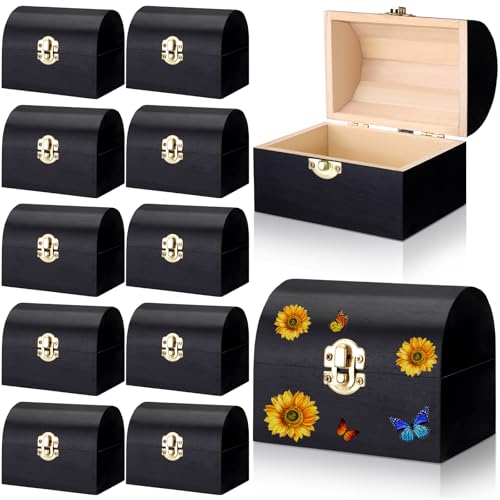 Menkxi 12 Pcs Unfinished Wood Box with Hinged Lid Mini 4.7 x 3.5 x 3.1 Inch Treasure Chest Wooden Jewelry Craft Boxes for DIY Project Party Favor Home Storage Art Craft Making (Black)