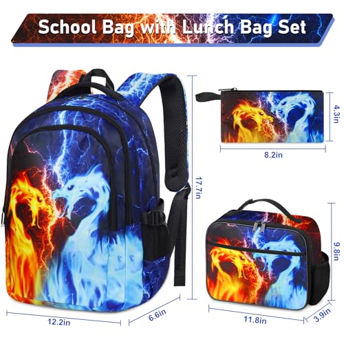 Labfen Dragon Backpack Set for Boys, Kids Dragon School Backpack with Lunch Box Pencil Bag, Dragon Backpack with for Students Red and Blue