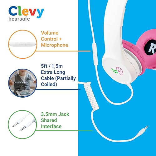 Clevy Kids Headphones Over-Ear 3.5mm Jack Wired Headphones for School - 5ft Tangle-Free Cord with HD Mic, 85dB Volume Limited for iPad/Computer, Foldable Girls/Boys Durable Carrying Case (Pink)