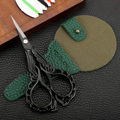 YOUGUOM Sewing Embroidery Scissors with Case Sharp Tip Detail Scissor for Thread Yarn Cross Stitch Crafts Artwork Needlepoint Cutting Knitting Shears Black