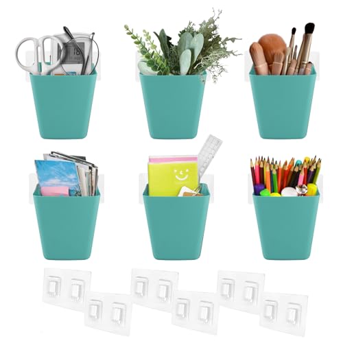 Wall Caddy Pen Holders, 6 Pack Large Pencil Cups Organizer for Marker / Remote / Crayon / White Board Accessories, with Adhesive Stickers, Office Home Craft Class Kids Room Art Organization (Green)